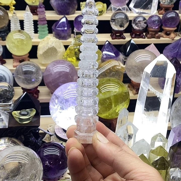 石材天然白水晶文昌塔摆件13层