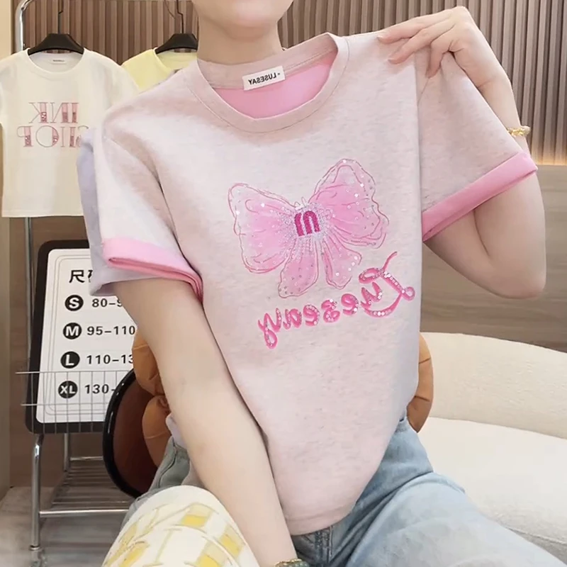 重工刺绣蝴蝶结短袖t恤女2025夏季新款大码宽松显瘦女士半袖上衣