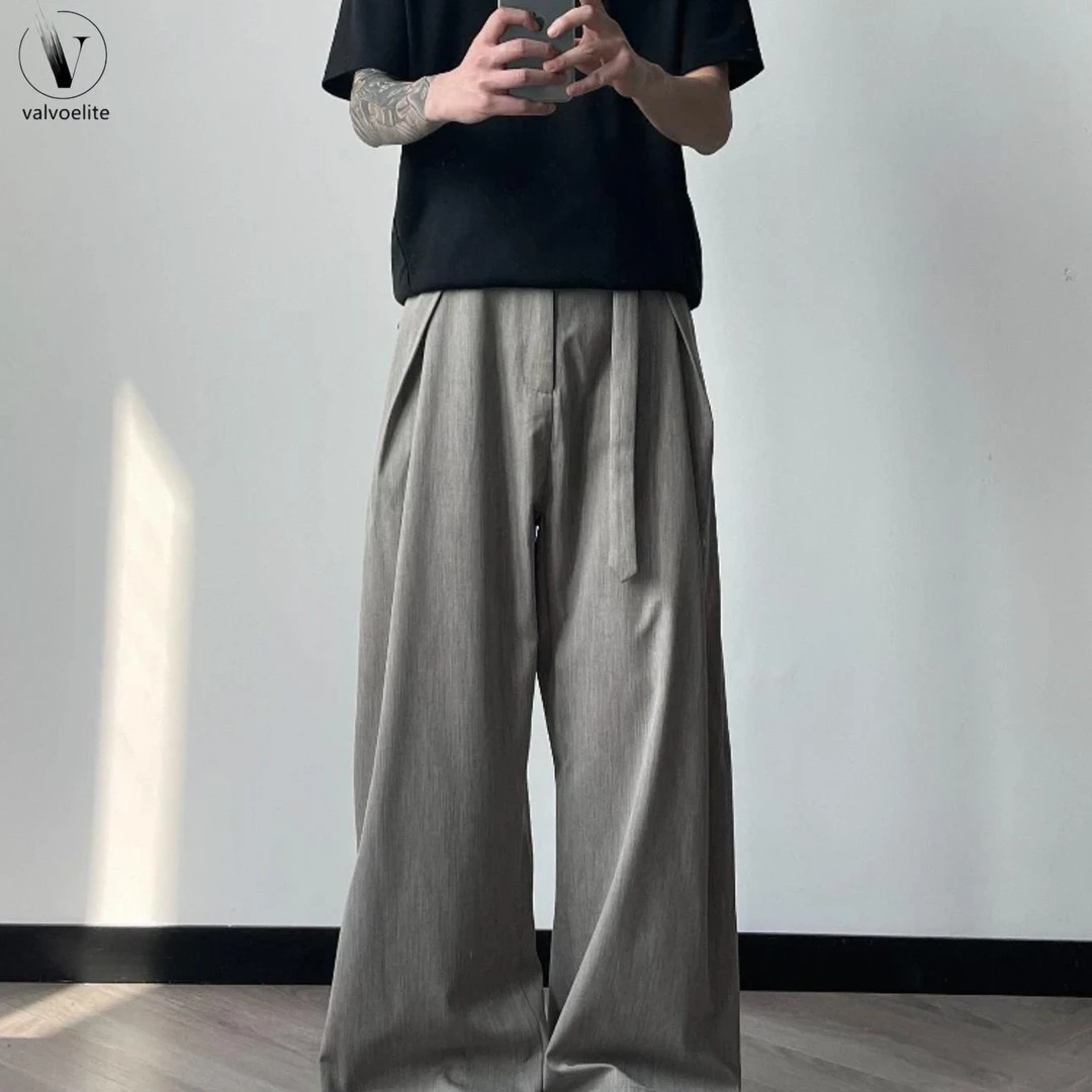 夏季痞帅慵懒风男装亚麻纹休闲长裤轻薄打复古男士垂感阔腿西裤