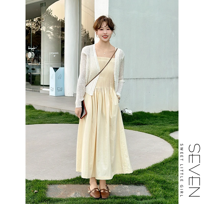黄雾鸢尾③七七146小个子法式方领压褶显瘦吊带连衣裙女夏季小美说