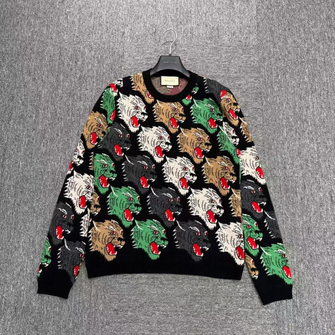 99新 GUCCI/古驰 虎头满印羊毛毛衣/M码/17358