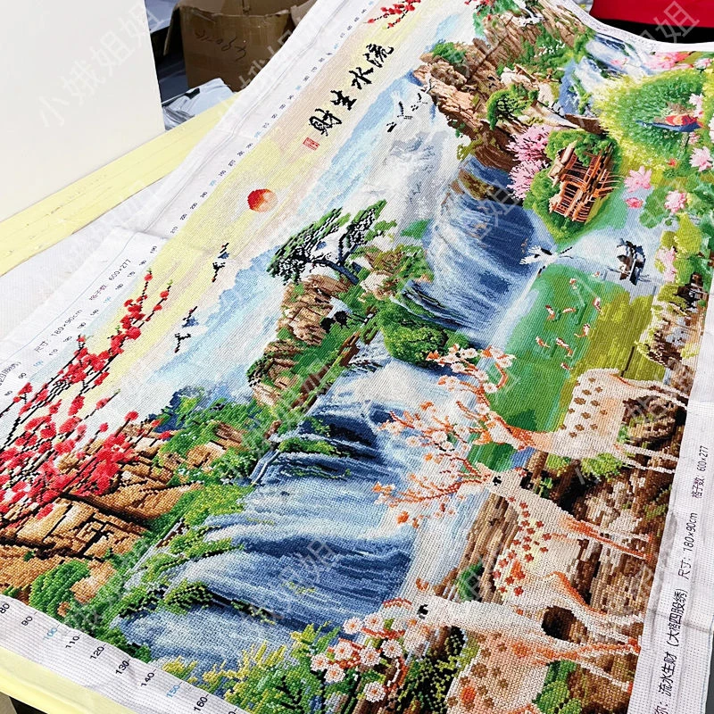 流水生财十字绣成品不带框纯手工出售已绣好的2025新款客厅山水画