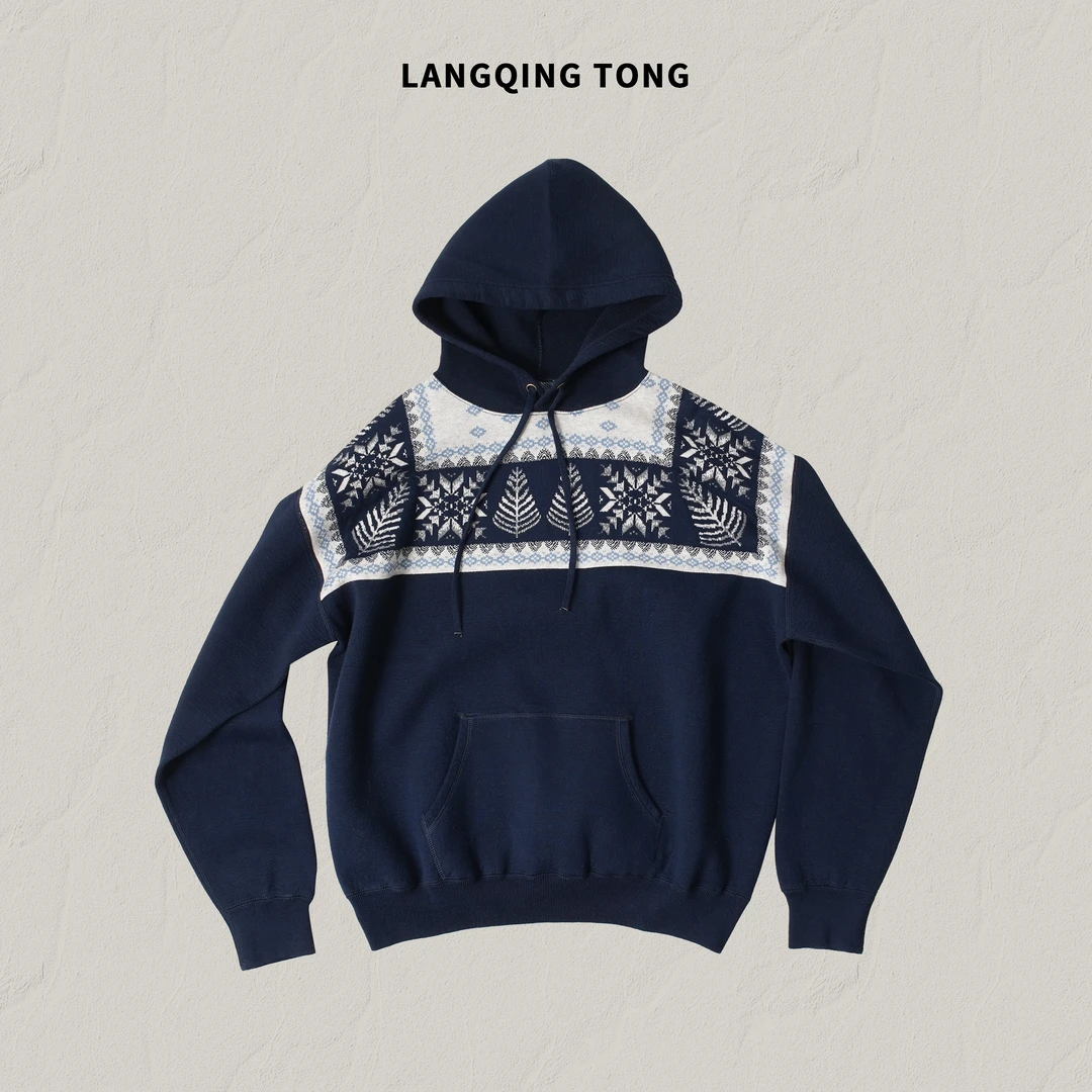 LANGQING 16针横机织造空气层提花连帽针织卫衣47634#