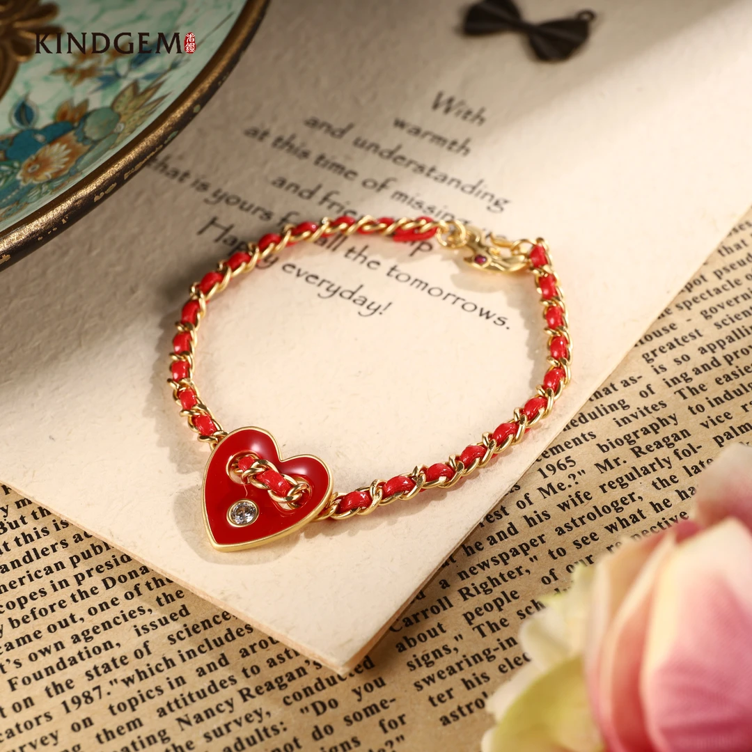 铜合金锆石手链 复古红色轻奢个性爱心简约百搭时尚手链 C-29423