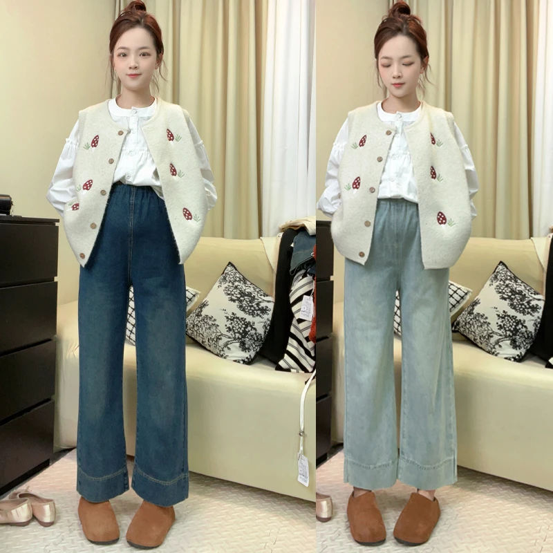 孕妇牛仔裤春秋款女外穿宽松九分小个子大码无托腹直筒阔腿裤春季