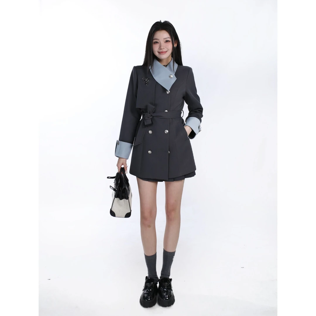 【风衣连衣裙】秋冬假两件不规则拼接气质通勤绑带显瘦女外套