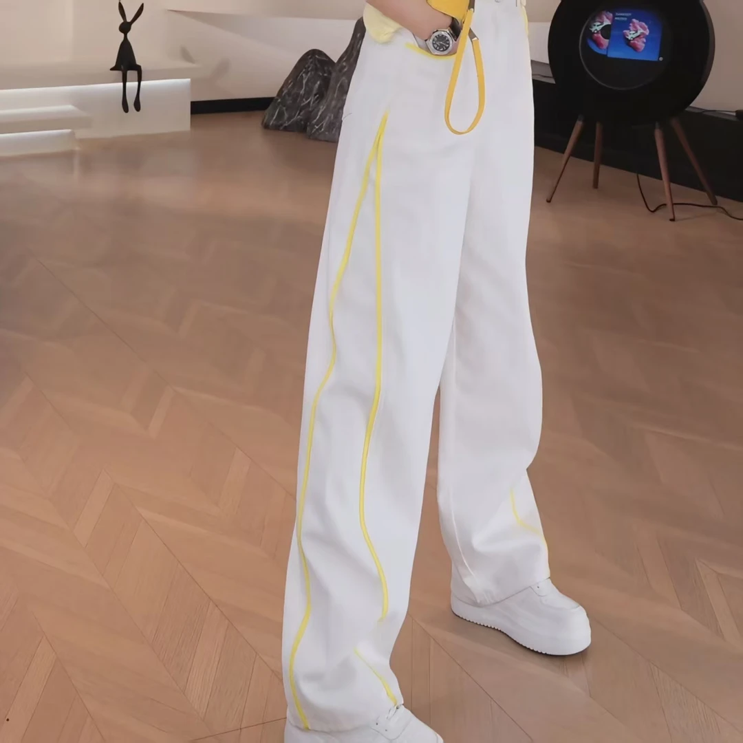 春款【辉煌白牛】高腰时尚百搭阔腿明线拼色牛仔裤LK2501329