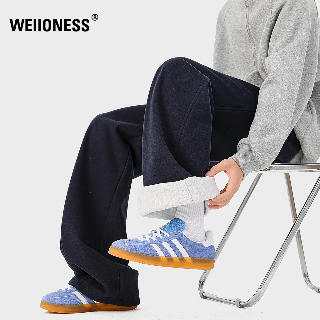 WEIIONESS美式痞帅解构拼接休闲裤男款冬季潮牌加绒加厚垂感长裤