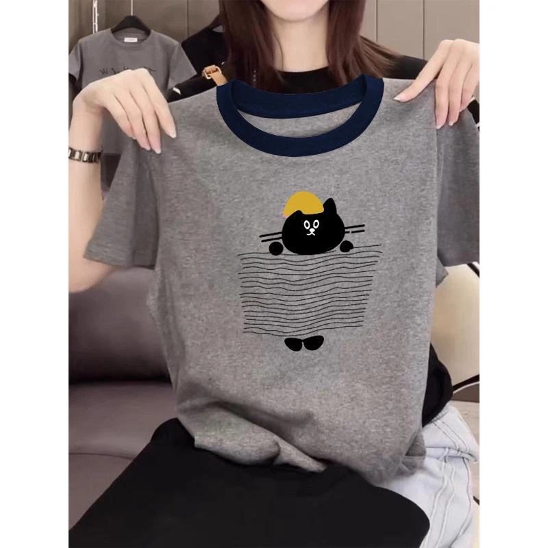 2025新款正肩拼色圆领短袖t恤女ins休闲百搭洋气撞色灰色上衣夏