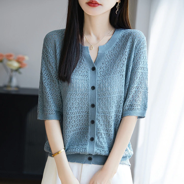 鄂尔多斯市夏季新款V领莱赛尔天丝针织T恤女宽松镂空短袖上衣开衫