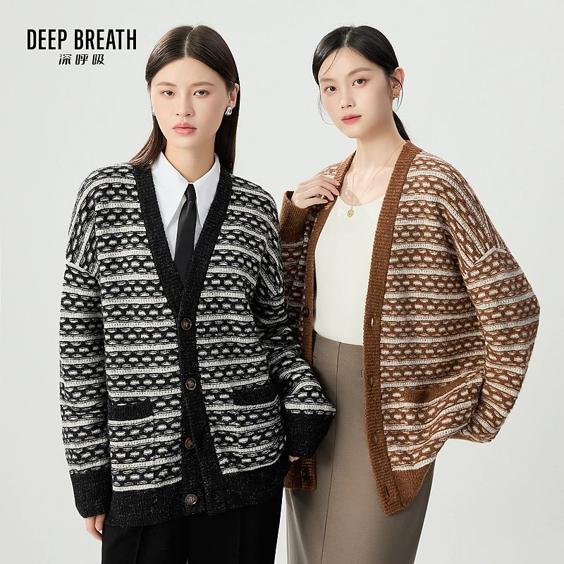 DEEP BREATH深呼吸新款时尚V领撞色肌理针织开衫外套女A401195