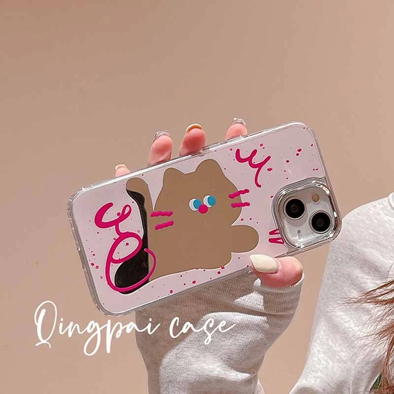 粉色泼墨镜面猫咪适用于苹果15promax手机壳iPhone14pro新款13女1