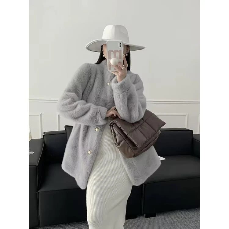 高品质保暖立领加厚环保皮毛一体外套中长款仿水貂气质毛毛绒大衣