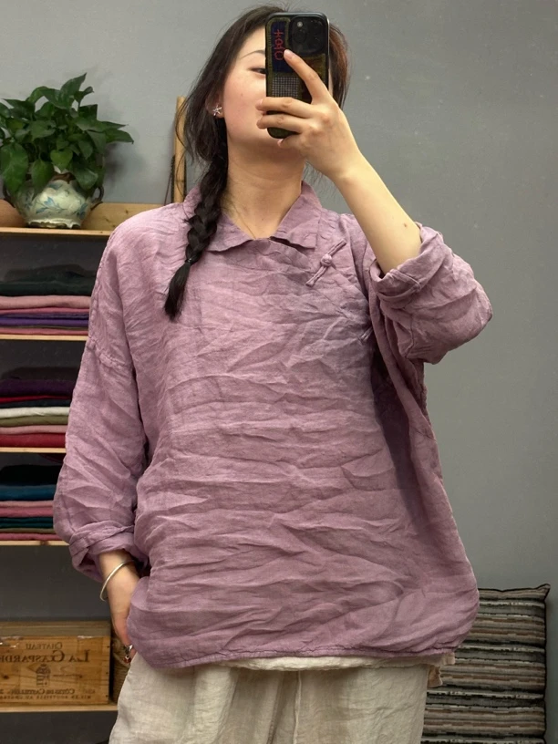 3612雨露麻斜襟盘扣翻领长袖上衣春夏新款衣长65胸围130