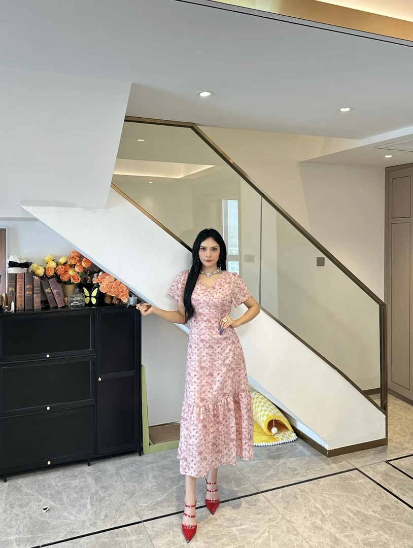 A&N   【落日玫瑰】法式复古粉色波点显瘦遮肉气质优雅连衣裙