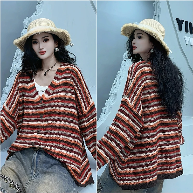 2025夏季条纹长袖针织衫开衫女新款慵懒风设计感复古上衣毛衣1521