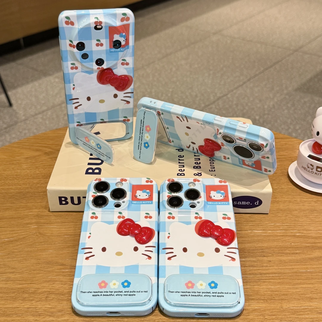 蓝白格纹樱桃KT猫适用苹果16手机壳13/15硬华为vivoppo小米菲林