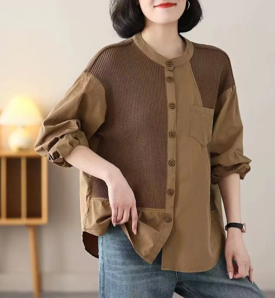 针织拼接衬衫女大码韩版显瘦2025年春装宽松长袖衬衣