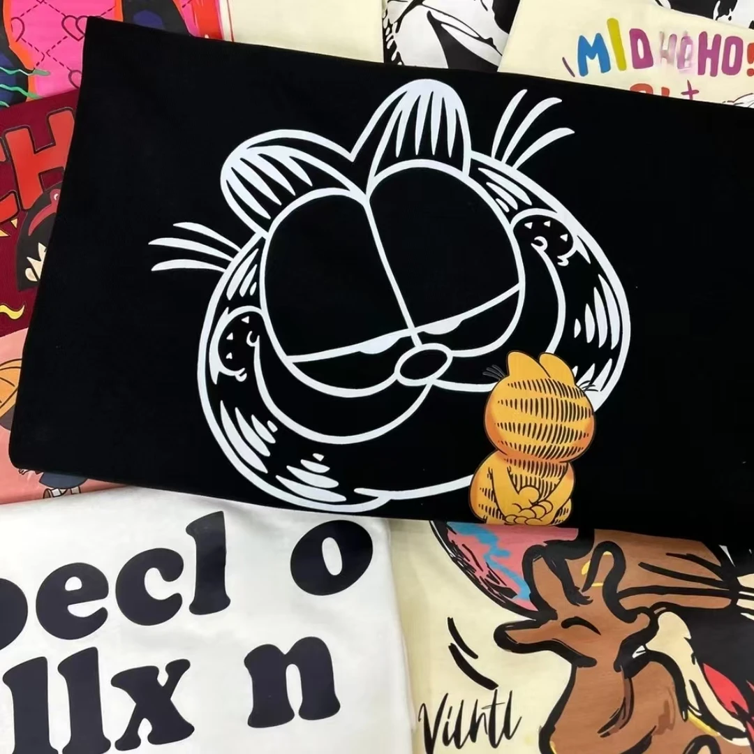 【101-599】重磅纯棉打底衫女t恤宽松时尚百搭夏季宽松卡通印花短袖