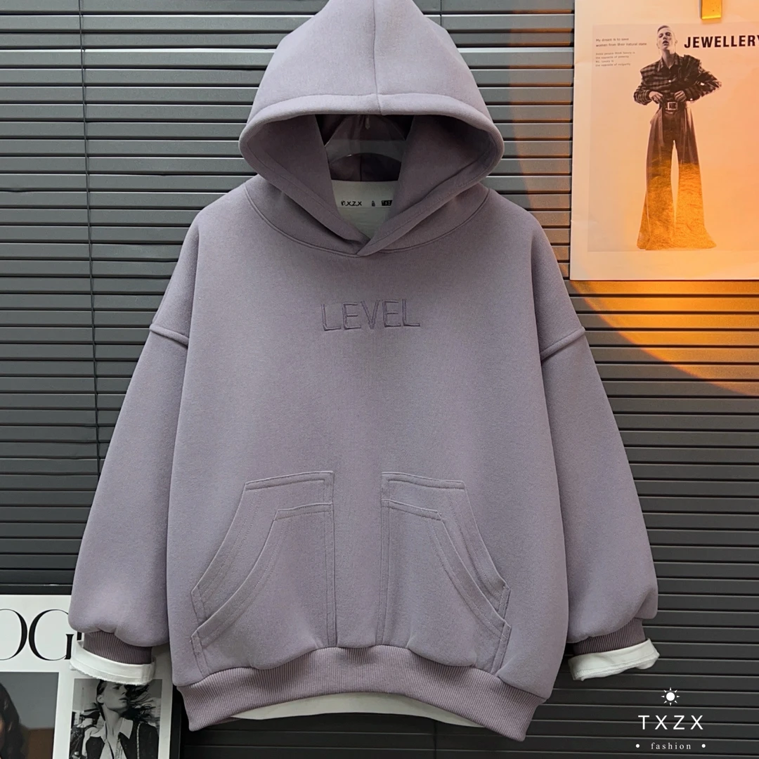 TX-25DY217冬季新款中大童美式亲子连帽小清晰加绒加厚宽松卫衣