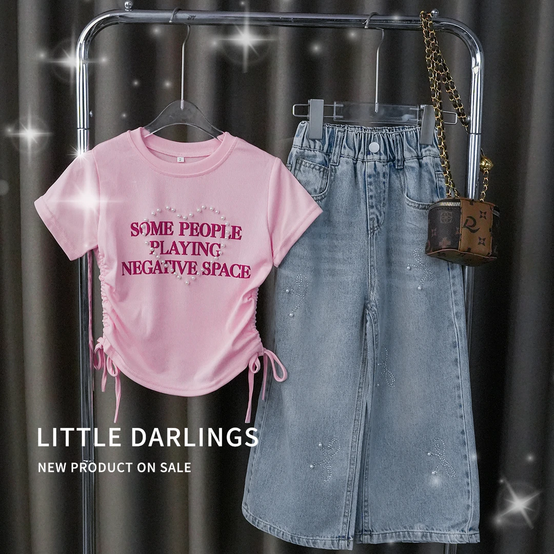 【姨姨家】女童镶珠系带T恤点缀珍珠牛仔裤两件套 021