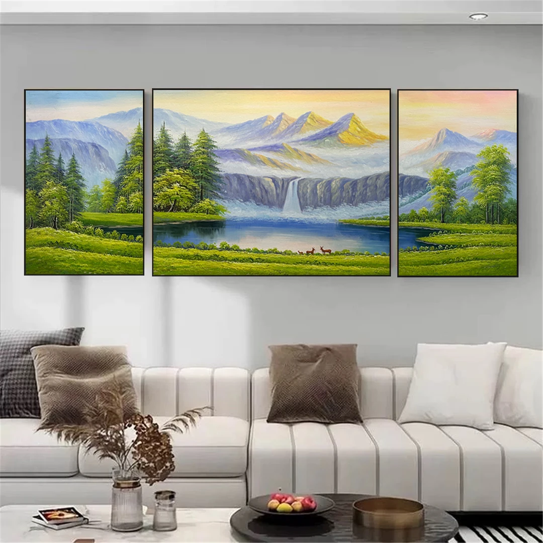 （金山聚宝盆）纯手绘客厅组合油画横版三联组合现代风景装饰挂画