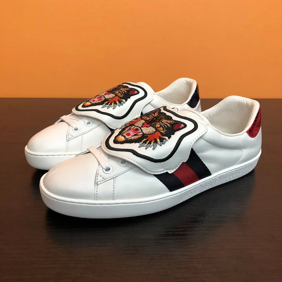 99新 GUCCI/古驰 Ace系列 虎头刺绣贴布小白鞋 40码 p231288983