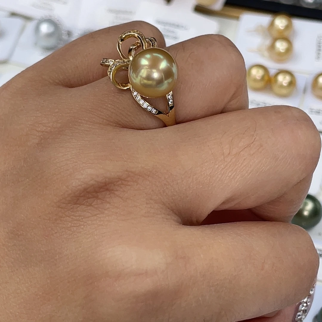海水珍珠银S925镶嵌戒圈11mm金珠戒指