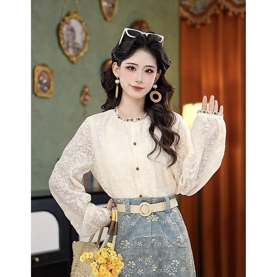 思思港风 【锦泊】25年新款时尚气质长袖百搭设计感绣花衬衫#4033