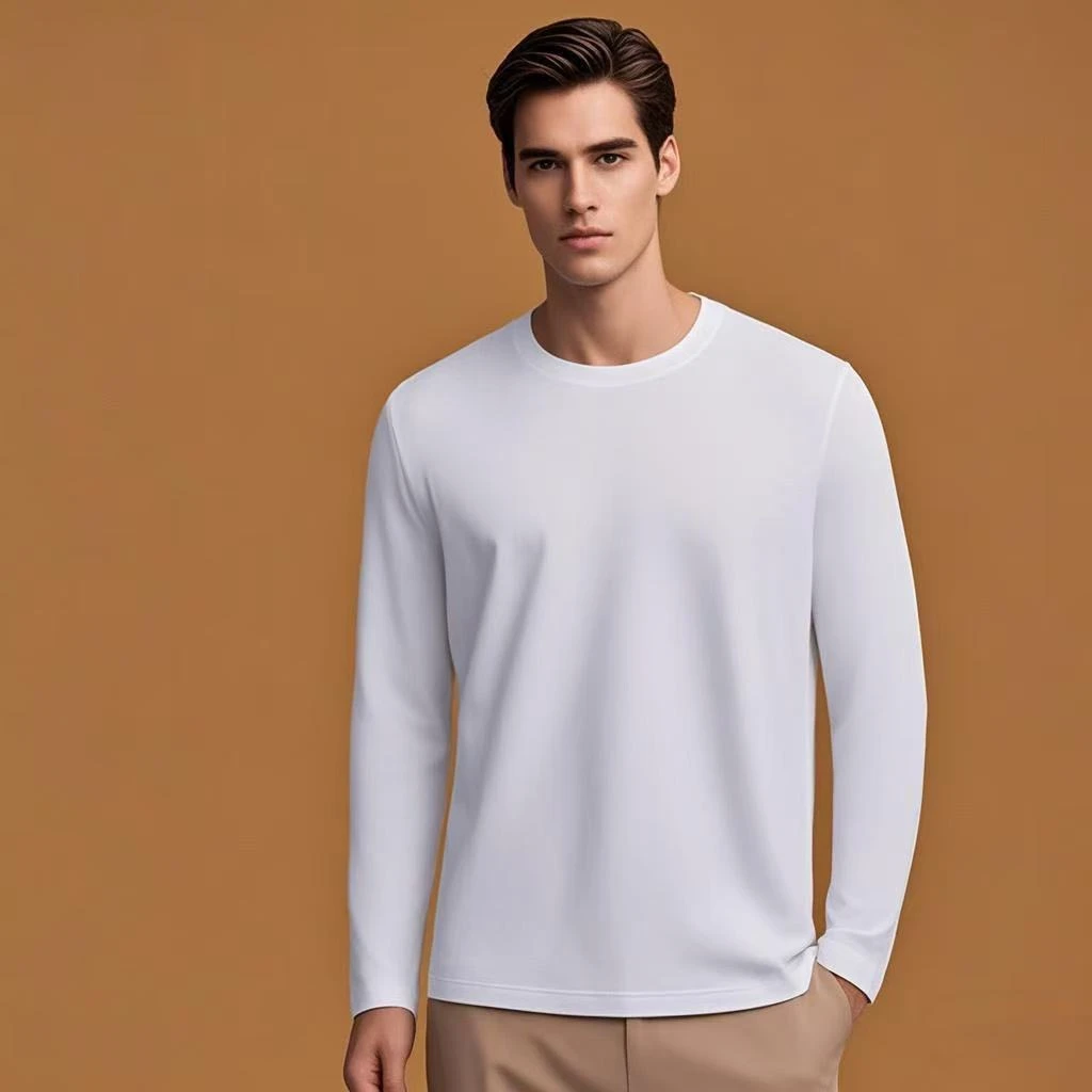 （长袖B版微胖修身）2025春款男装玻尿酸润肤双面修身量体T恤基础款