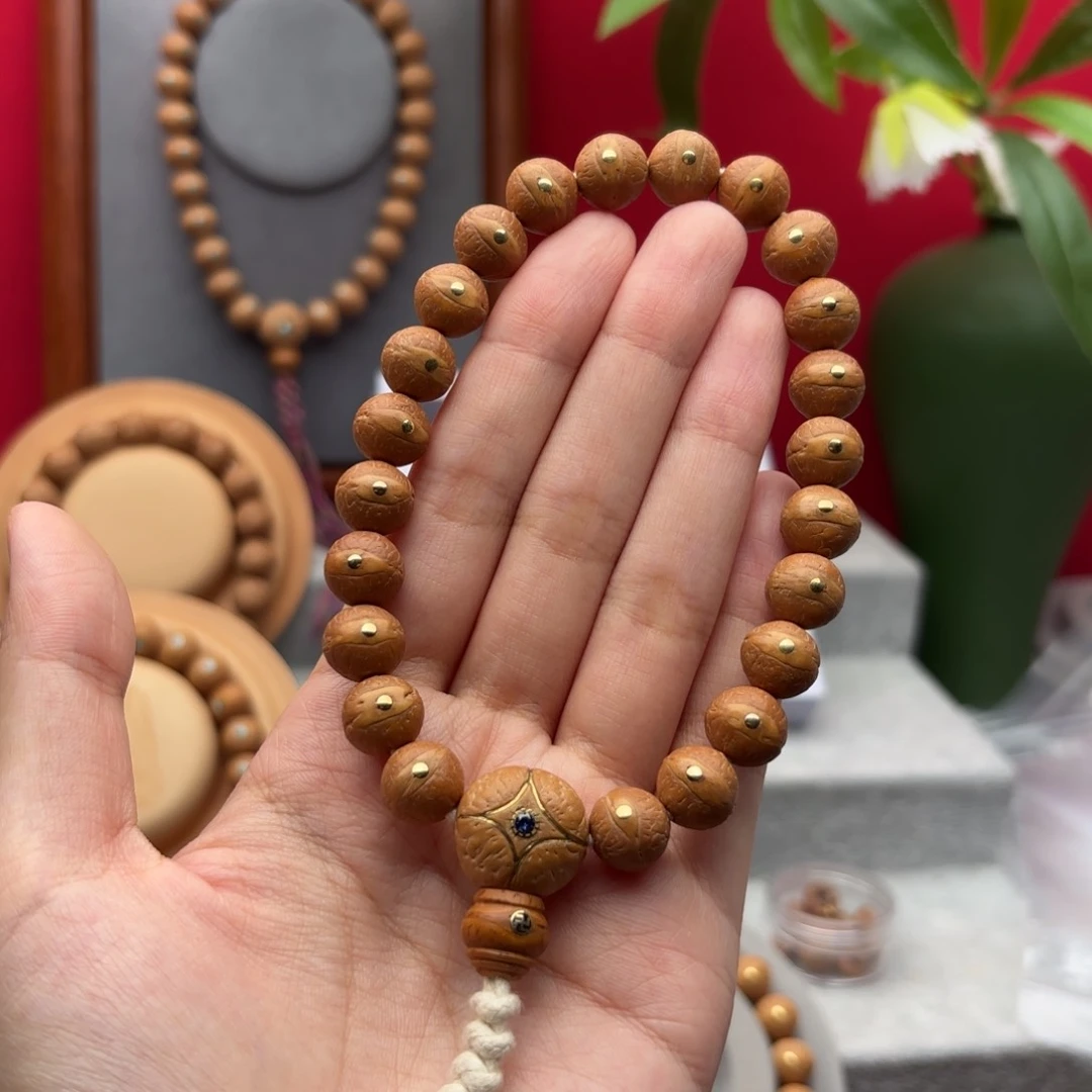 凤眼菩提手串天**青11左右铜钉镶嵌手串