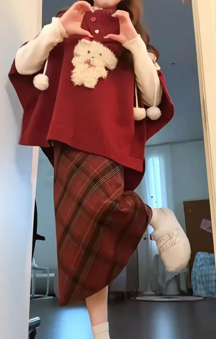 2025设计感简约氛围胖mm韩系时尚内搭+毛衣马甲+格子裙套装88202