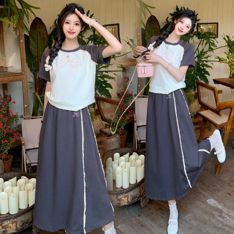 2025夏季新款大码花边蝴蝶结卫裙夏季圆领女T恤套装