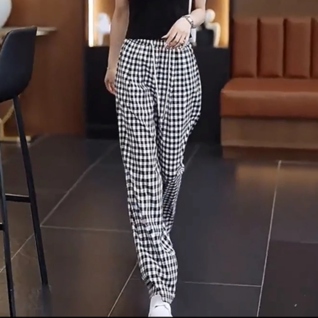 2541#短裤长裤夏季女士高腰垂感冰丝格子阔腿直筒休闲裤