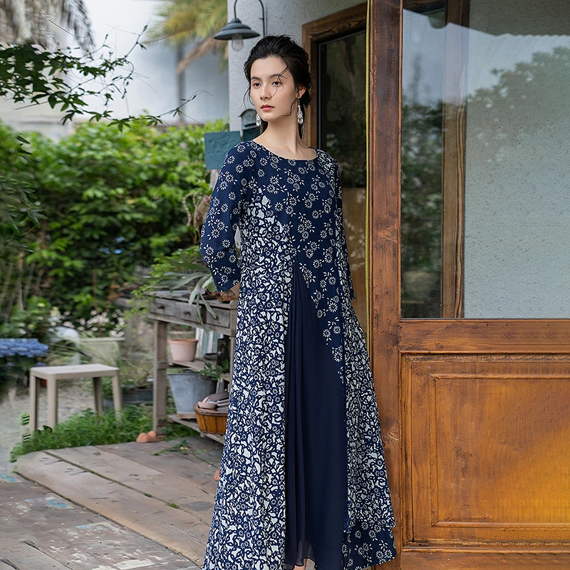 生活在左棉连衣裙传统蓝印花布拼飞片新品七分袖长裙1943046