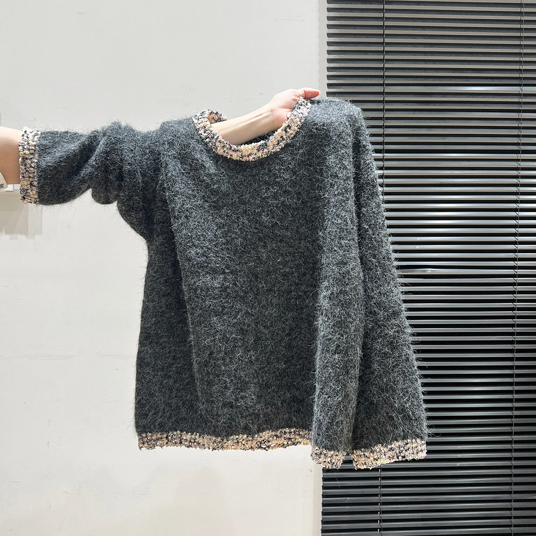 灰色韩系撞色长袖毛衣女2025秋冬季新款宽松慵懒风针织打底衫上衣