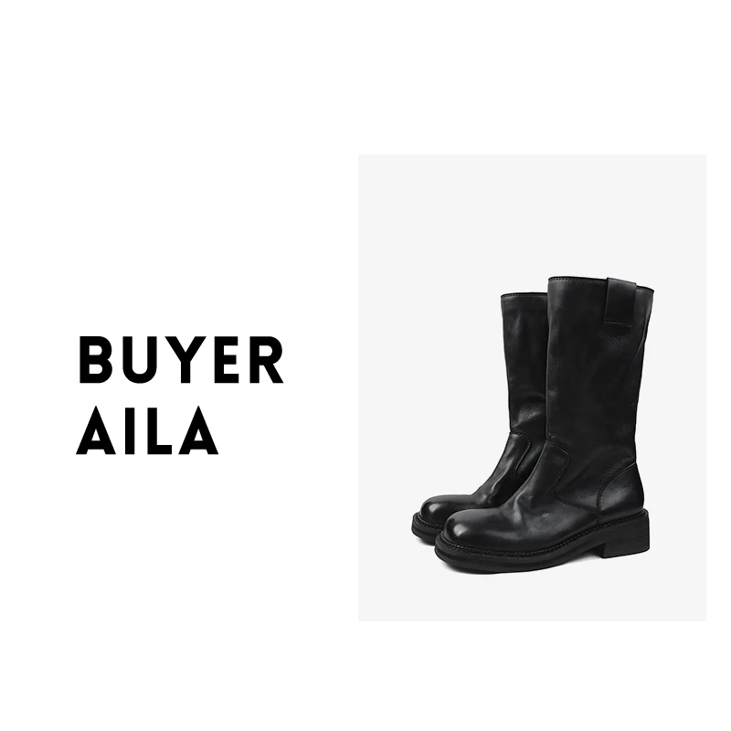 水洗马皮遐想主义中筒骑士靴自然皱感一脚蹬时装靴