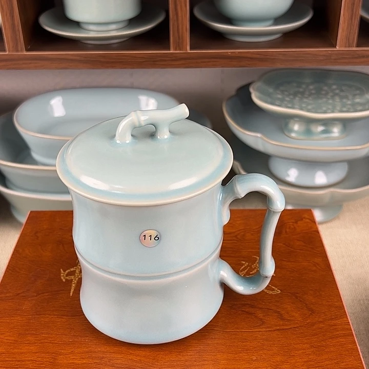 瓷杯子仿古釉把手竹节办公杯微瑕编号116