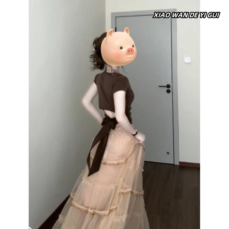 设计感小众正肩绑带纯棉短袖t恤女夏辣妹短款修身显瘦心机上衣