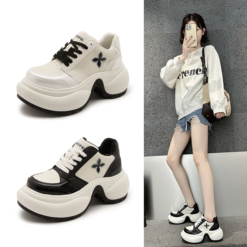 【增高5CM】小个子厚底鞋松糕十字花老爹鞋女2025运动鞋真皮百搭