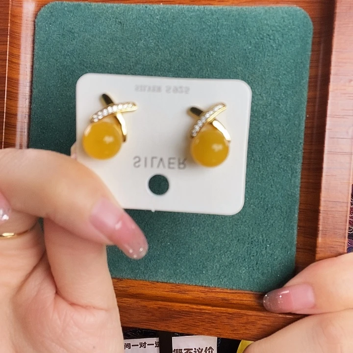 蜜蜡银S925镶嵌耳饰耳钉