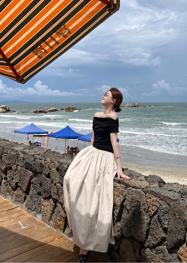 EE·夏季新款法式赫本风拼接一字肩百搭显瘦气质连衣裙