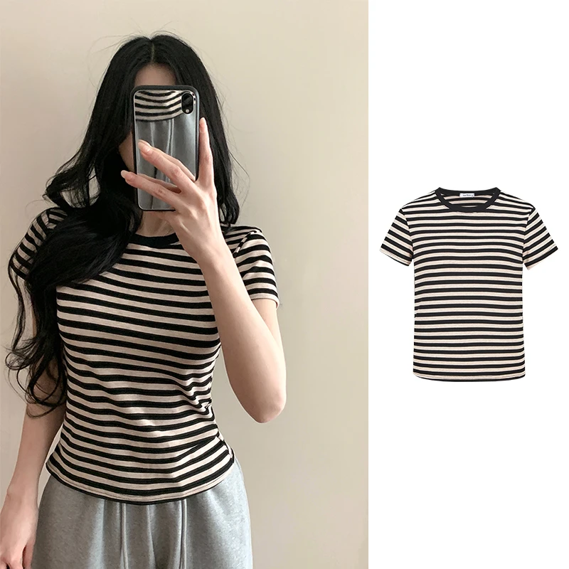 Moses Queen/魔西女王韩系撞色条纹短袖T恤夏季休闲打底显瘦上衣