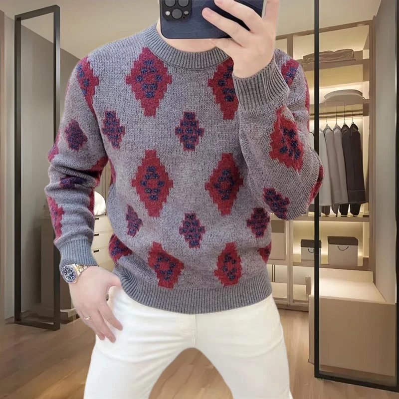 欧货2025秋冬季新款男士长袖针织毛衣时尚个性菱形格提花打底毛衫