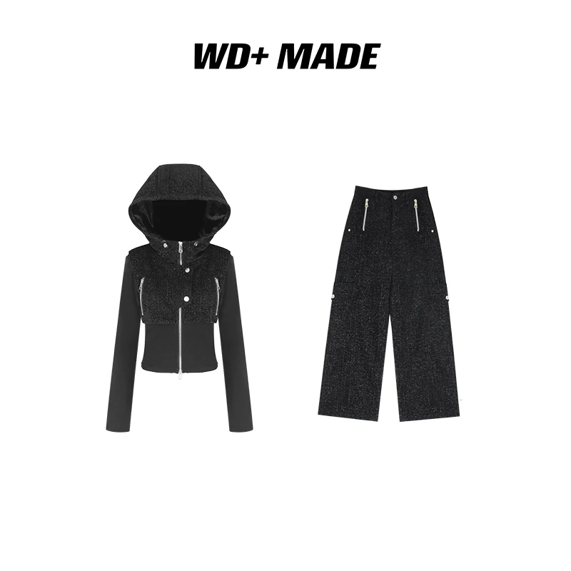 时尚百搭假两件拉链连帽长袖卫衣上衣+闪闪高腰直筒休闲裤两件套