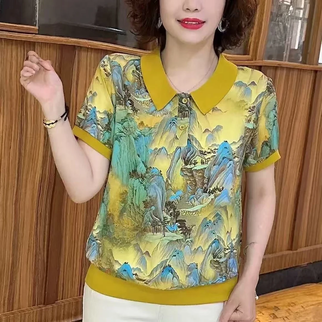 时尚印花常规款宽松型气质短袖洋气T恤夏季休闲风大码显瘦妈妈装