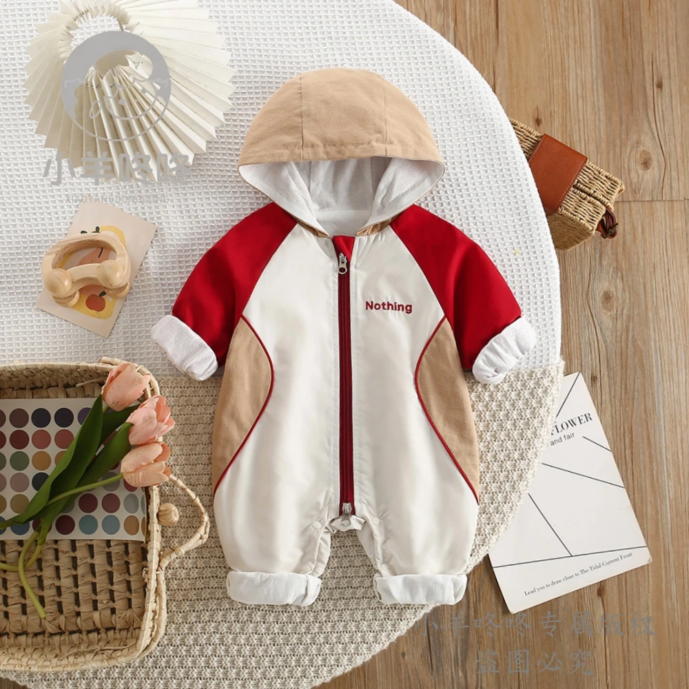新款春秋款双头拉链字母拼色韩版长袖时尚连帽男女宝连体衣爬爬服