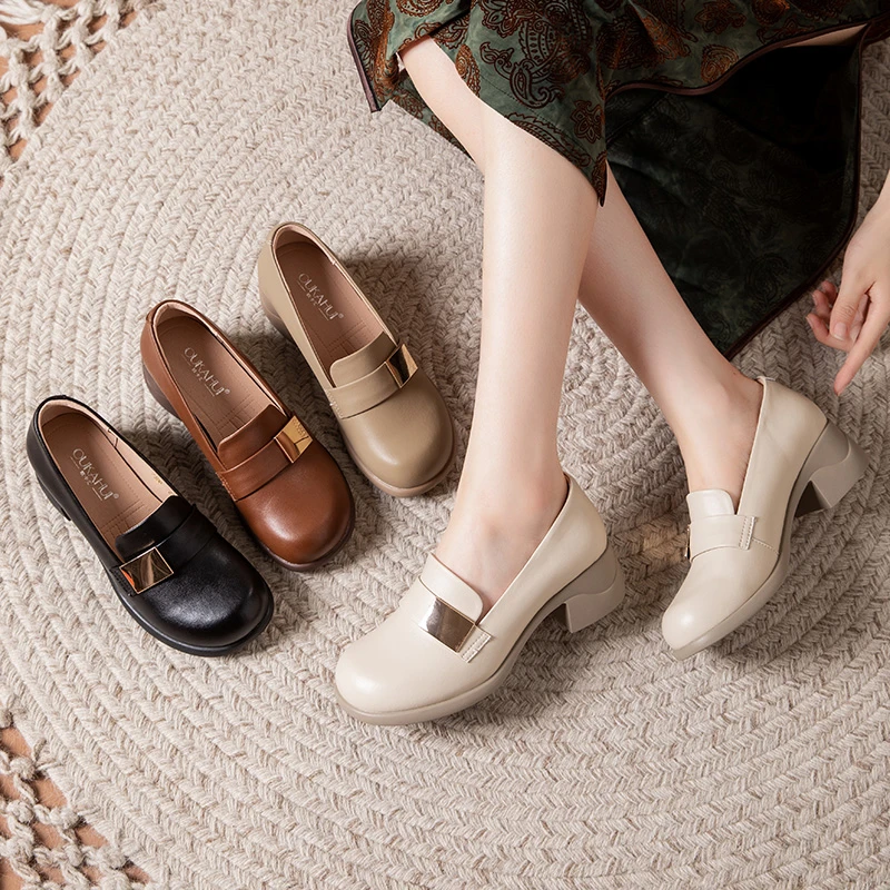 7388  单鞋女粗跟2025春秋新款复古女鞋真皮中跟软底中年妈妈皮鞋