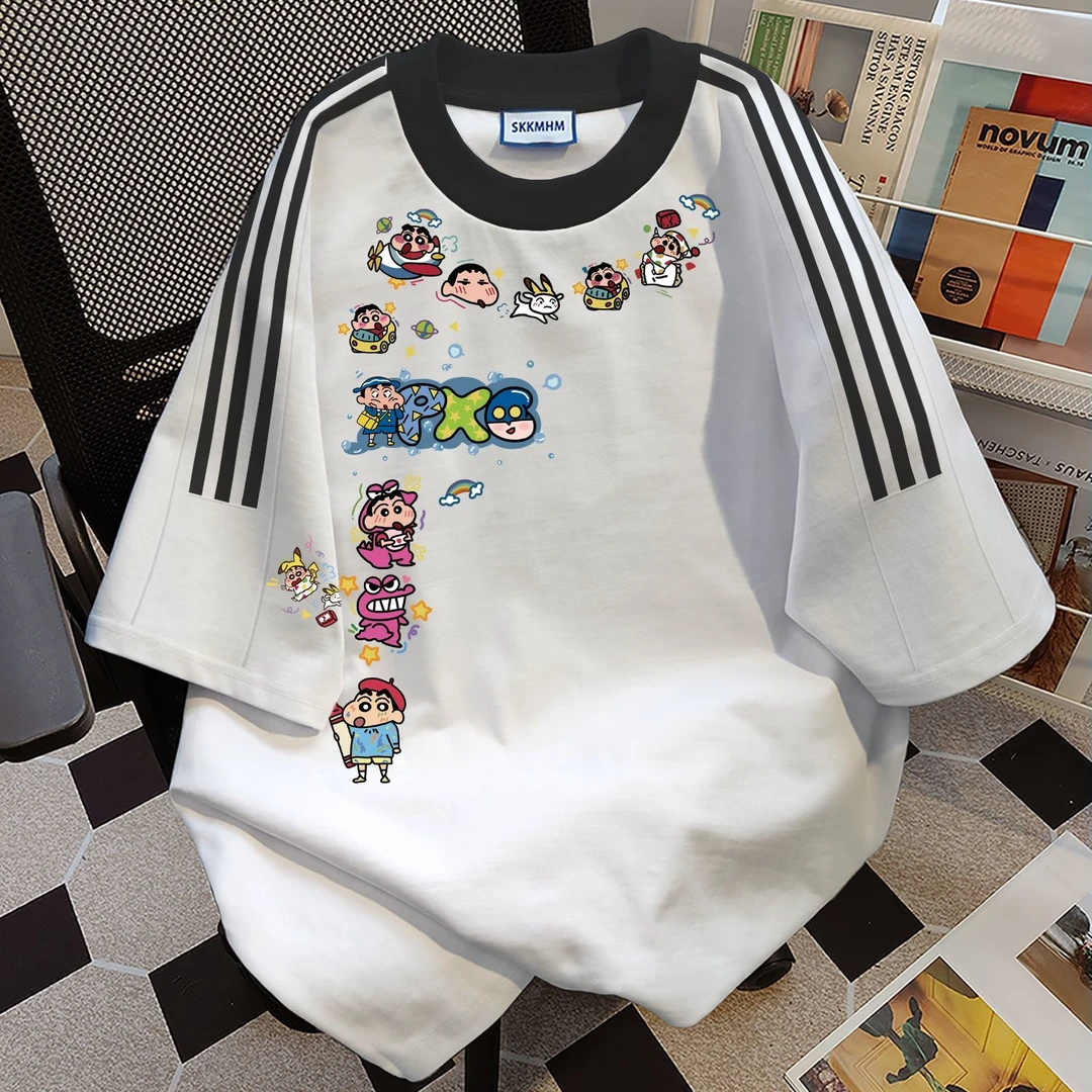 100%纯棉韩版ins潮牌蜡笔小新三条杠女款短袖t恤男女夏季宽松上衣