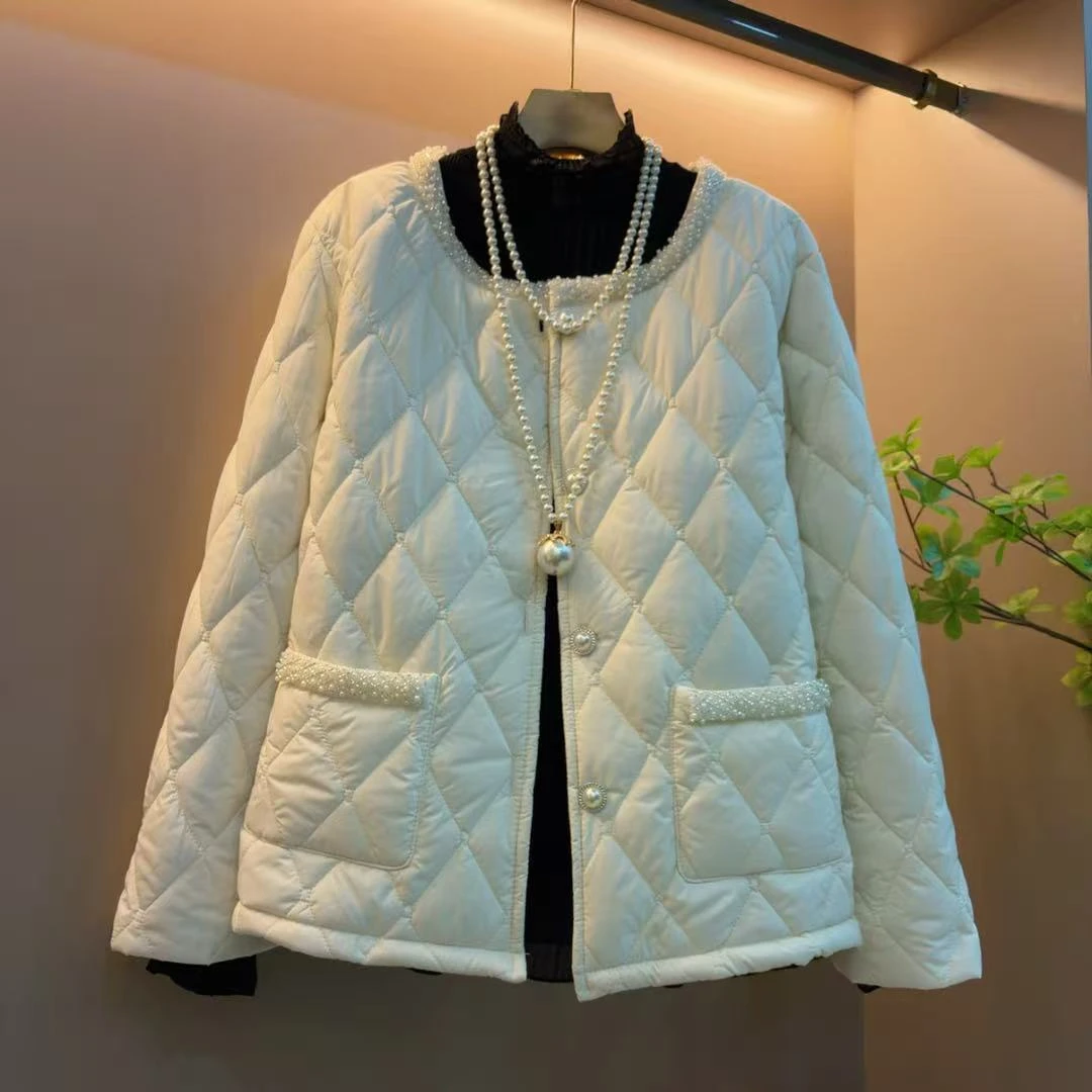 秋冬季时尚新款简约重工菱形休闲显瘦棉服（长60左右）